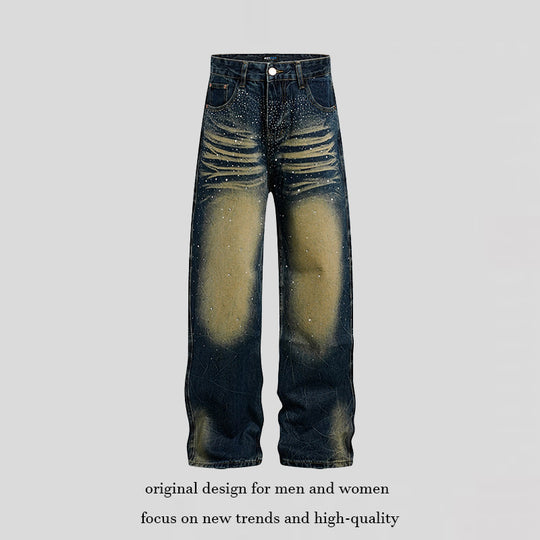 Damen weite High‑Waist Jeanshose mit Distressed‑Rissen und Strassbesatz Shop Nory