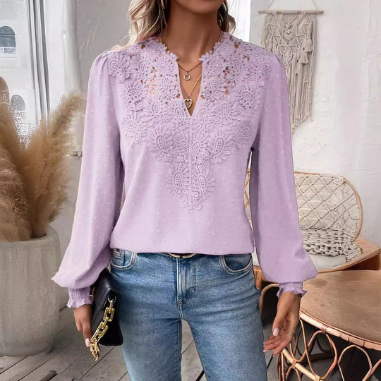 Damen Bluse mit Spitzen‑Plastron, V‑Ausschnitt und ballonartigen Ärmeln Shop Nory
