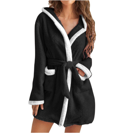 Damen kuscheliger Fleece-Bademantel mit Kapuze und Taschen