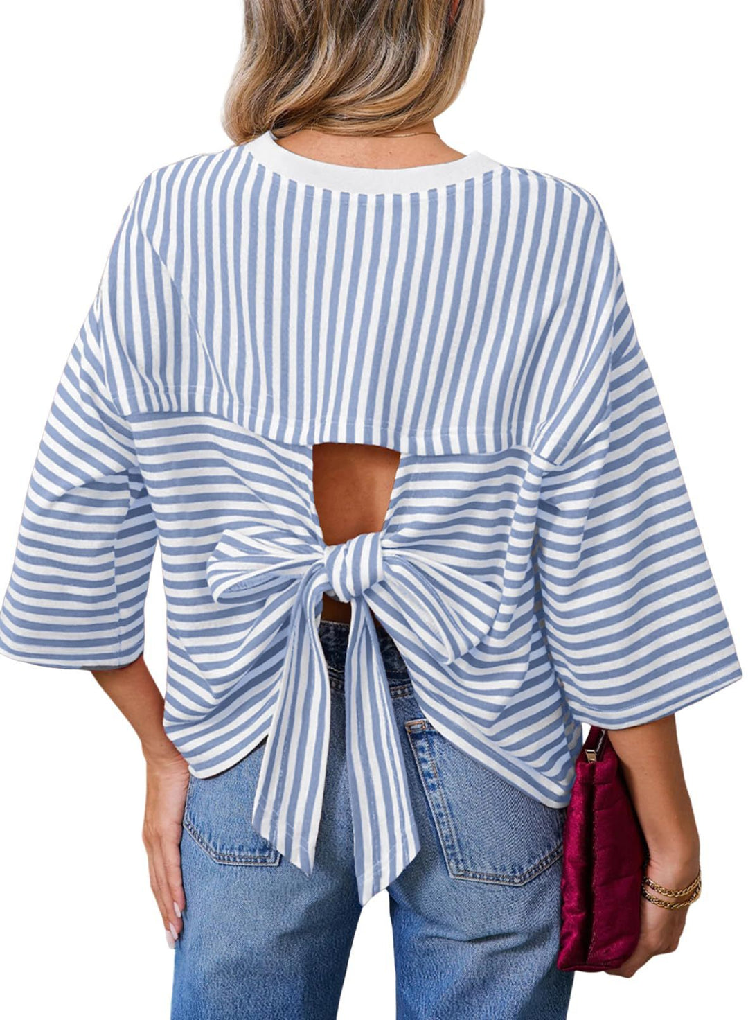 Damen Gestreiftes Oversize-Shirt mit Rückenausschnitt und Schleifenbindung Shop Nory