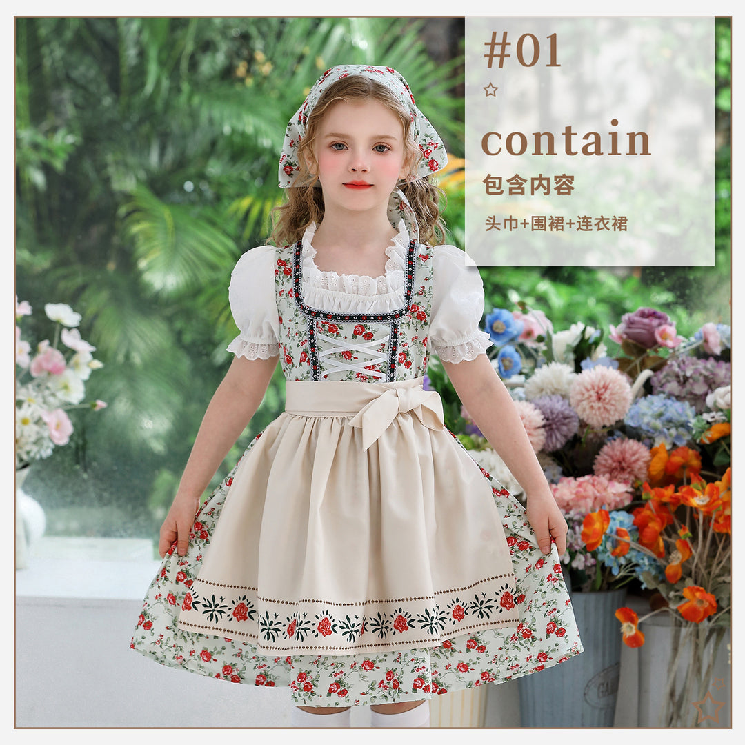 Damen nan traditionelles Dirndlkleid für Mädchen mit bestickter Schürze, Rüschenkragen und passendem Kopftuch Shop Nory