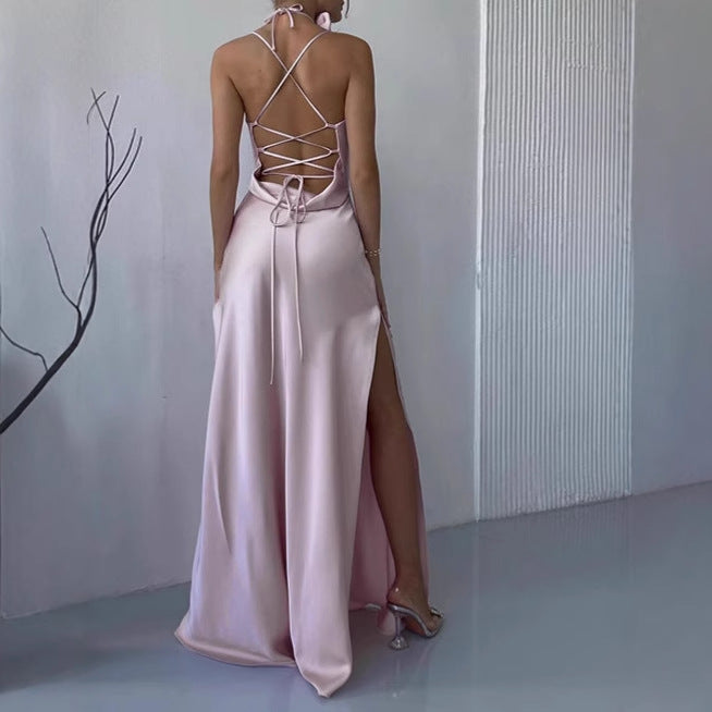 Damen Elegantes Bodenkotan Maxi-Kleid mit schmalen Spaghetti-Trägern und tiefem Ausschnitt