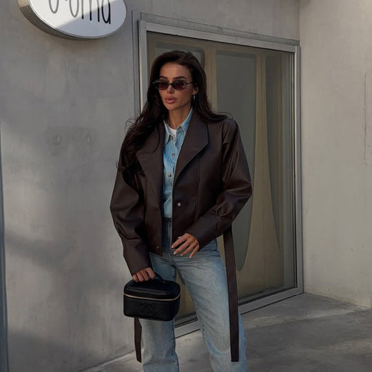 Damen Kurzblazer aus veganem Leder mit Taillengürtel Shop Nory