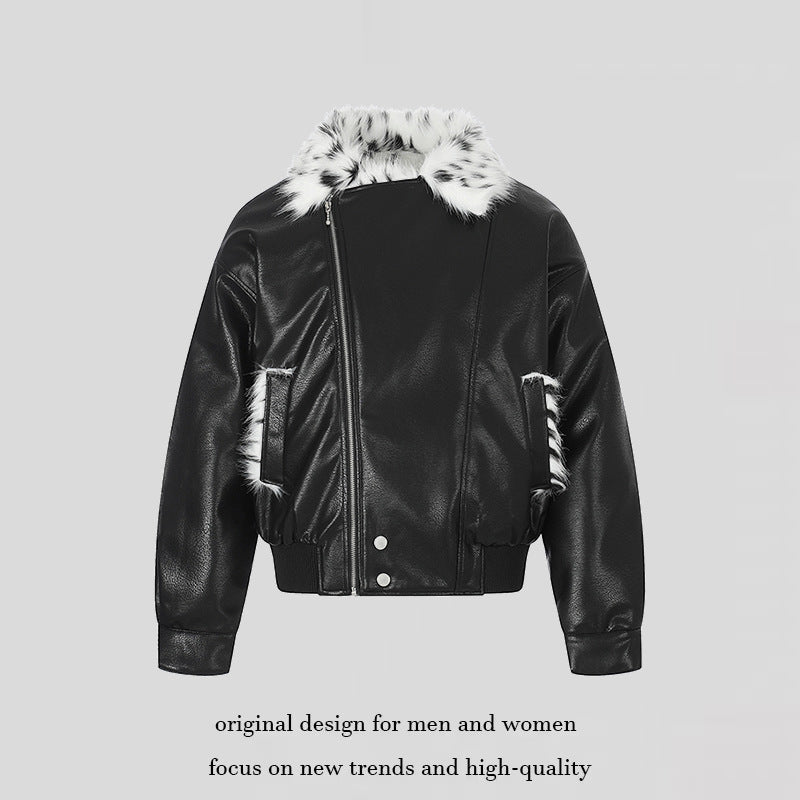 Damen Kunstleder-Bomberjacke mit asymmetrischem Reißverschluss und kontrastierendem Faux-Fur-Kragen Shop Nory