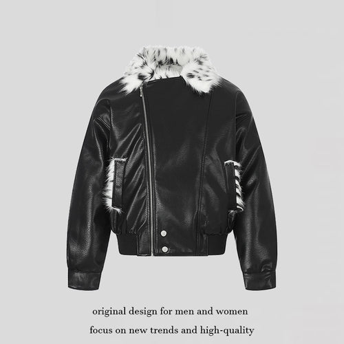 Damen Kunstleder-Bomberjacke mit asymmetrischem Reißverschluss und kontrastierendem Faux-Fur-Kragen Shop Nory