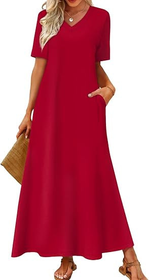 Damen Langes A-Linien-Maxikleid mit V-Ausschnitt, Kurzarm und Eingrifftaschen Shop Nory