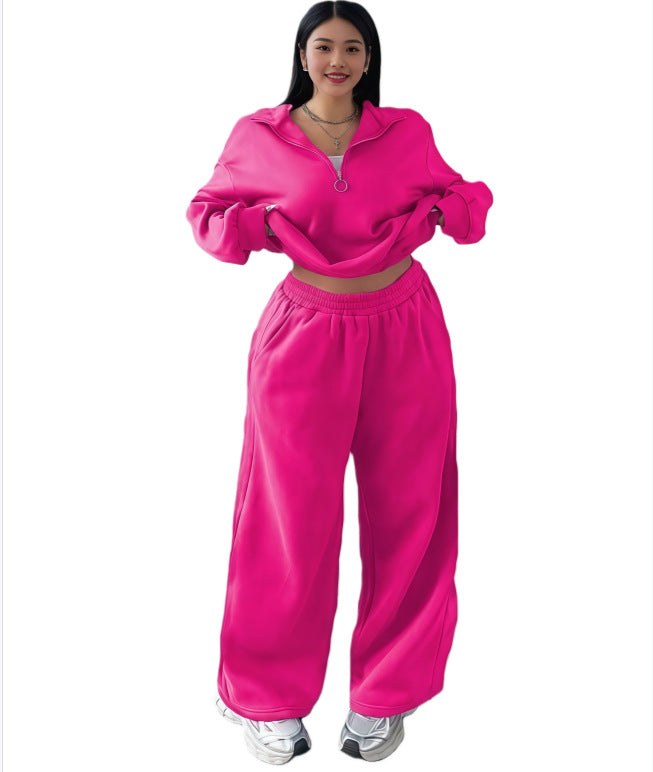 Damen Cropped Oversize-Sweatshirt mit halbem Reißverschluss und weite High-Waist Jogginghose Set Shop Nory