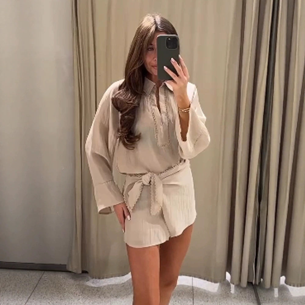 Damen Leichtes Crinkle-Zweiteiler mit Oversized-Hemd und Wickel-Minirock Shop Nory