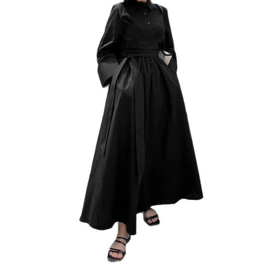 Damen Maxikleid im Hemdblusenstil mit Taillenwickel, weitem Tellerrock und breiten Manschetten Shop Nory