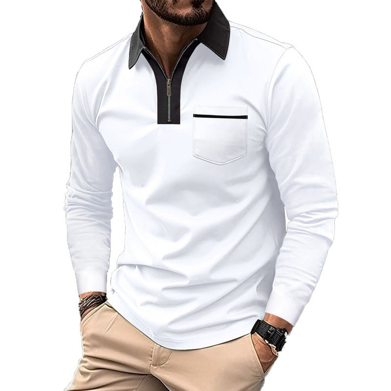 Herren nan elegantes Langarm-Poloshirt mit markantem Stehkragen Metall-Kurzreißverschluss und Brustleistentasche