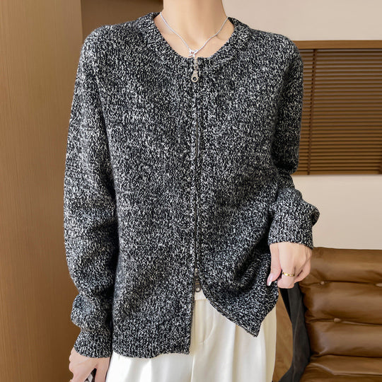 Damen Melierter Reißverschluss-Cardigan mit Zwei-Wege-Zipper und gerippten Bündchen Shop Nory