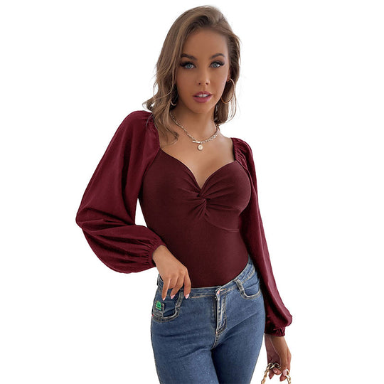 Damen Taillierter Body mit Herz-Ausschnitt, Knotenfront und Ballonärmeln Shop Nory