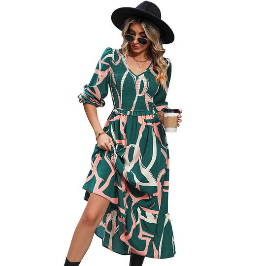 Damen Midikleid mit gerafftem Smok-Oberteil, V-Ausschnitt und ausgestelltem Volantrock Shop Nory