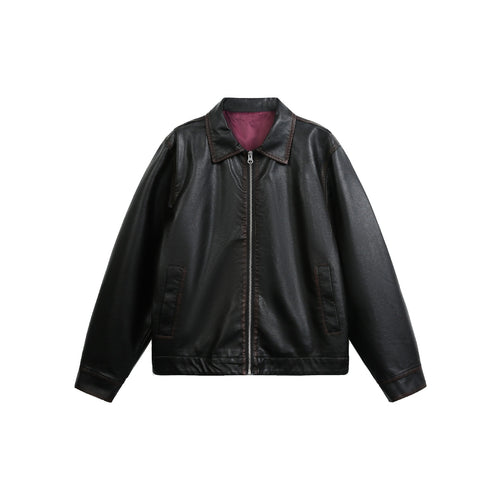 Unisex Weit geschnittene Kunstleder‑Fliegerjacke mit durchgehendem Metallreißverschluss Shop Nory