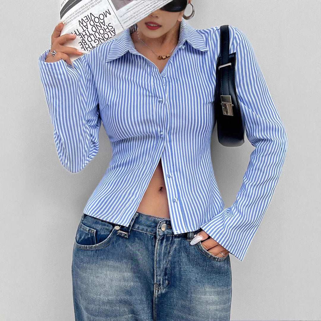 Damen Tailliertes Gestreiftes Blusenshirt mit Kentkragen Shop Nory