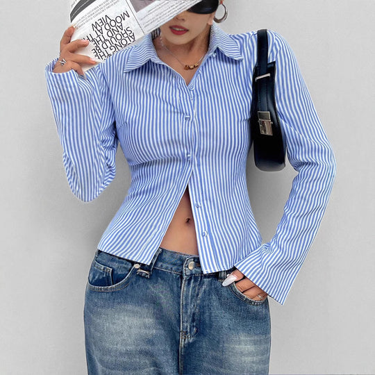 Damen Tailliertes Gestreiftes Blusenshirt mit Kentkragen Shop Nory