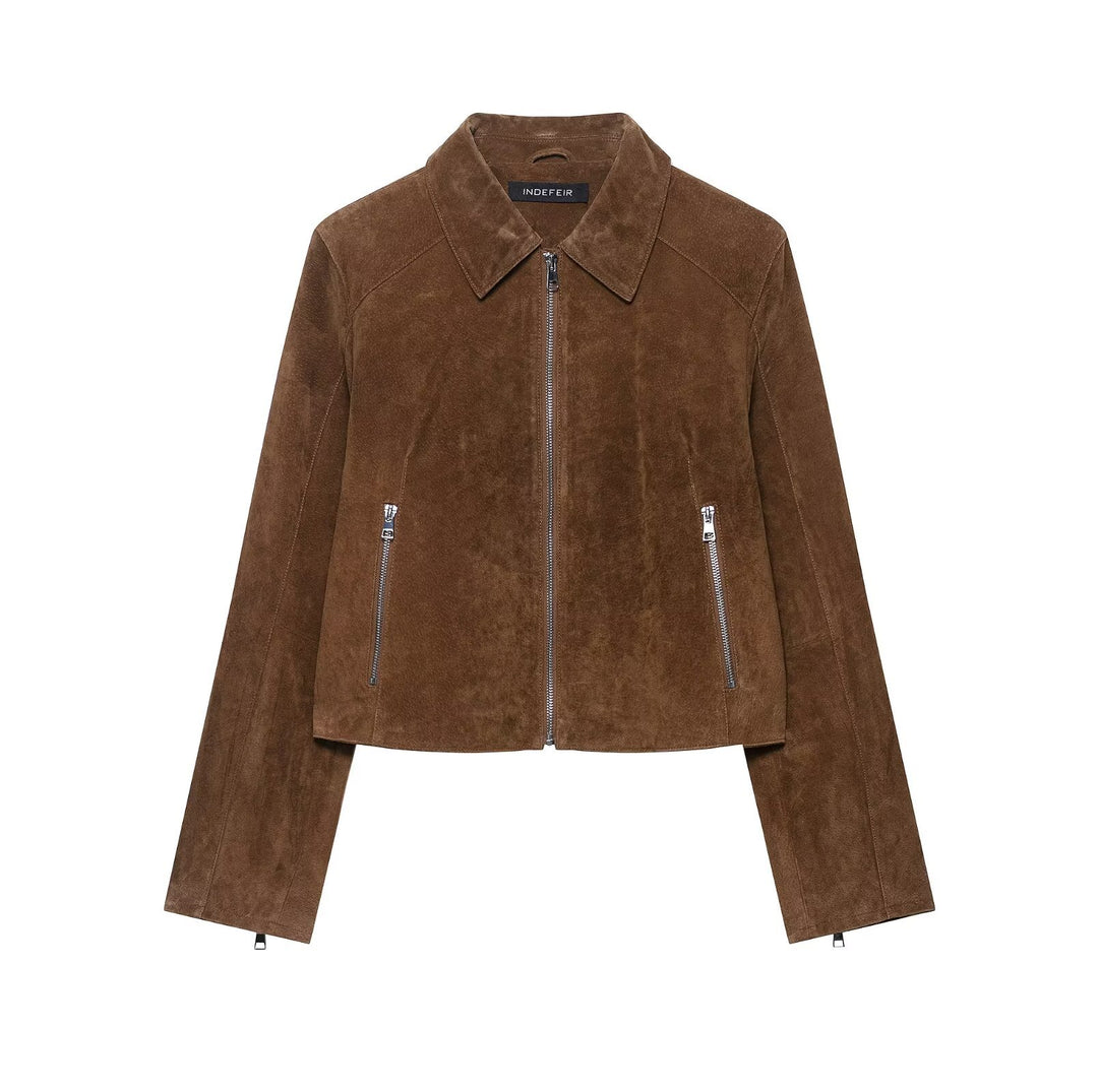 Damen Cropped Velourslederjacke mit Hemdkragen, Reißverschluss und Zipp-Taschen Shop Nory