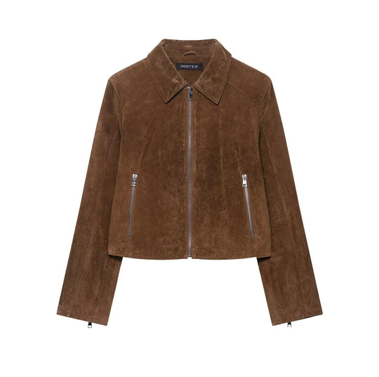 Damen Cropped Velourslederjacke mit Hemdkragen, Reißverschluss und Zipp-Taschen Shop Nory
