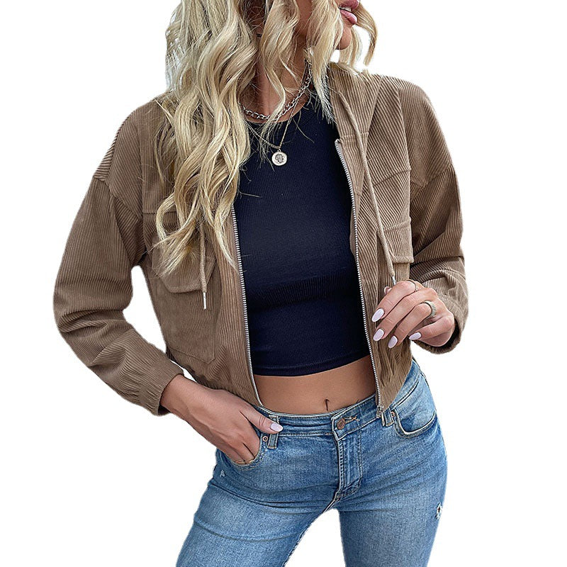 Damen Kurze Cord-Jacke mit Kapuze, Reißverschluss & Brusttaschen Shop Nory