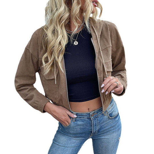 Damen Kurze Cord-Jacke mit Kapuze, Reißverschluss & Brusttaschen Shop Nory