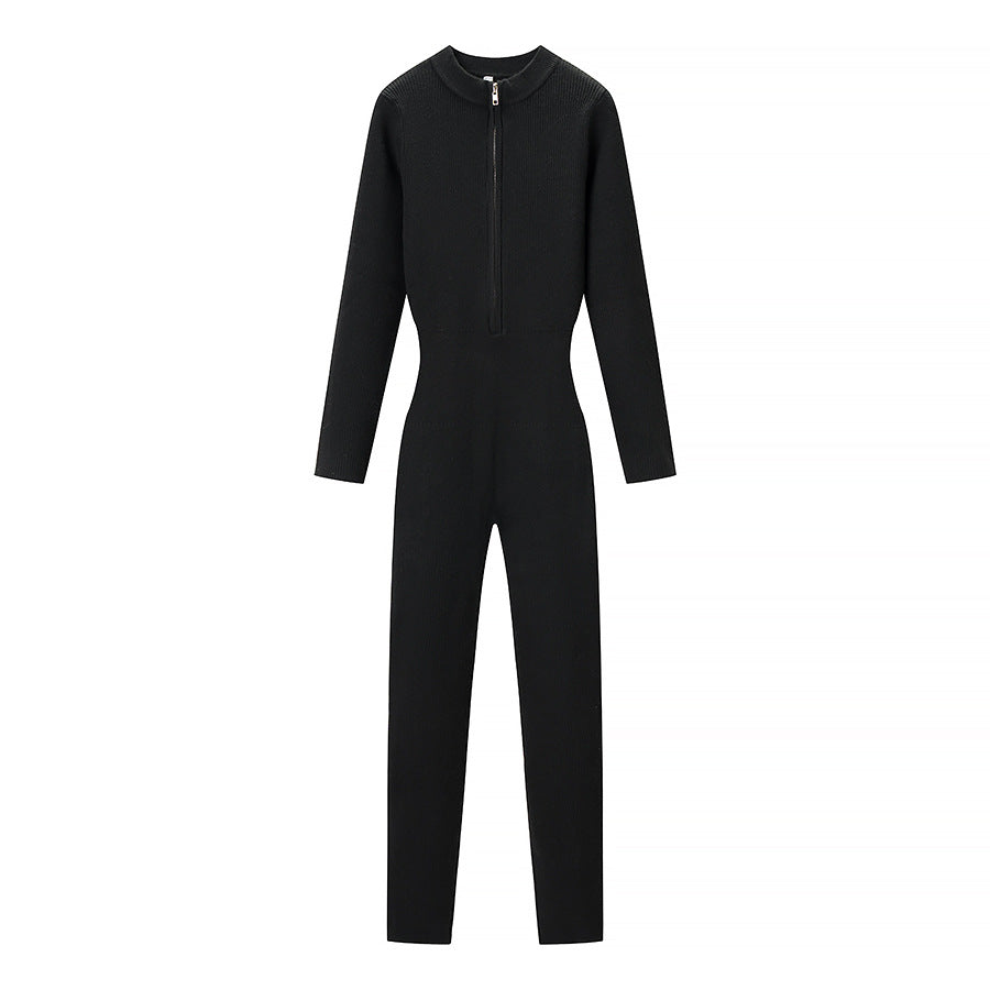 Damen Figurnaher Rippenstrick-Einteiler mit Stehkragen und Frontreißverschluss Shop Nory