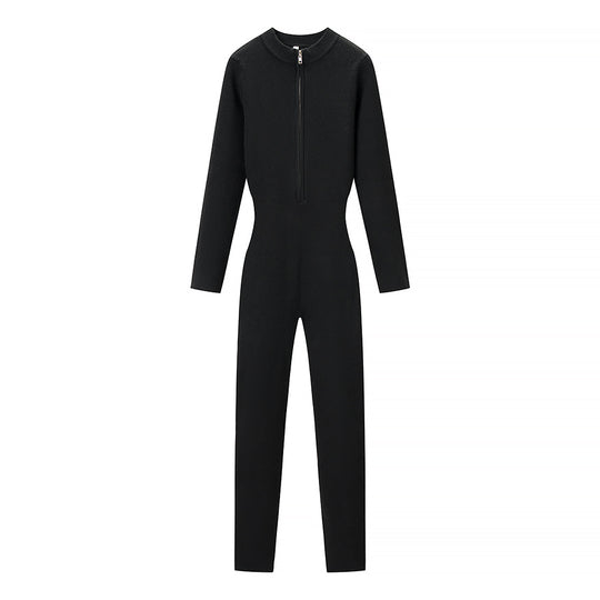 Damen Figurnaher Rippenstrick-Einteiler mit Stehkragen und Frontreißverschluss Shop Nory