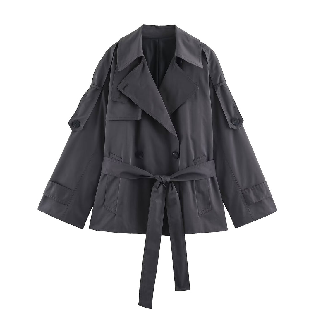Damen Kurzer leichter Trench-Mantel mit Bindegürtel, überschnittenen Schultern und doppelter Knopfleiste Shop Nory