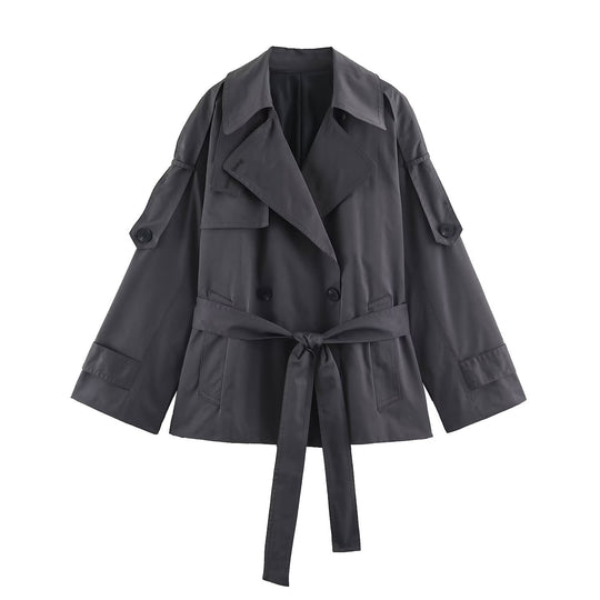 Damen Kurzer leichter Trench-Mantel mit Bindegürtel, überschnittenen Schultern und doppelter Knopfleiste Shop Nory