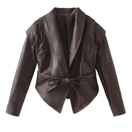Damen Kurzjacke aus Wildlederoptik mit Wickelgürtel, Schalkragen und Schnürdetail Shop Nory