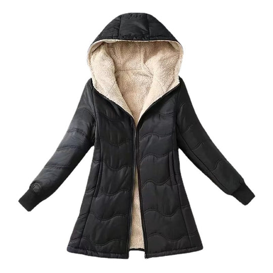 Damen A-Linien Steppmantel mit Kapuze Teddyfutter und Zweiwege-Reißverschluss Shop Nory