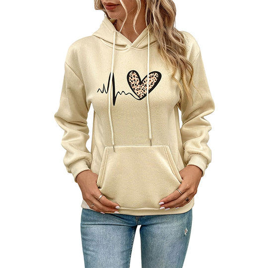 Damen Kapuzenpullover mit Herz‑EKG‑Print, Kängurutasche und lockerer Passform Shop Nory