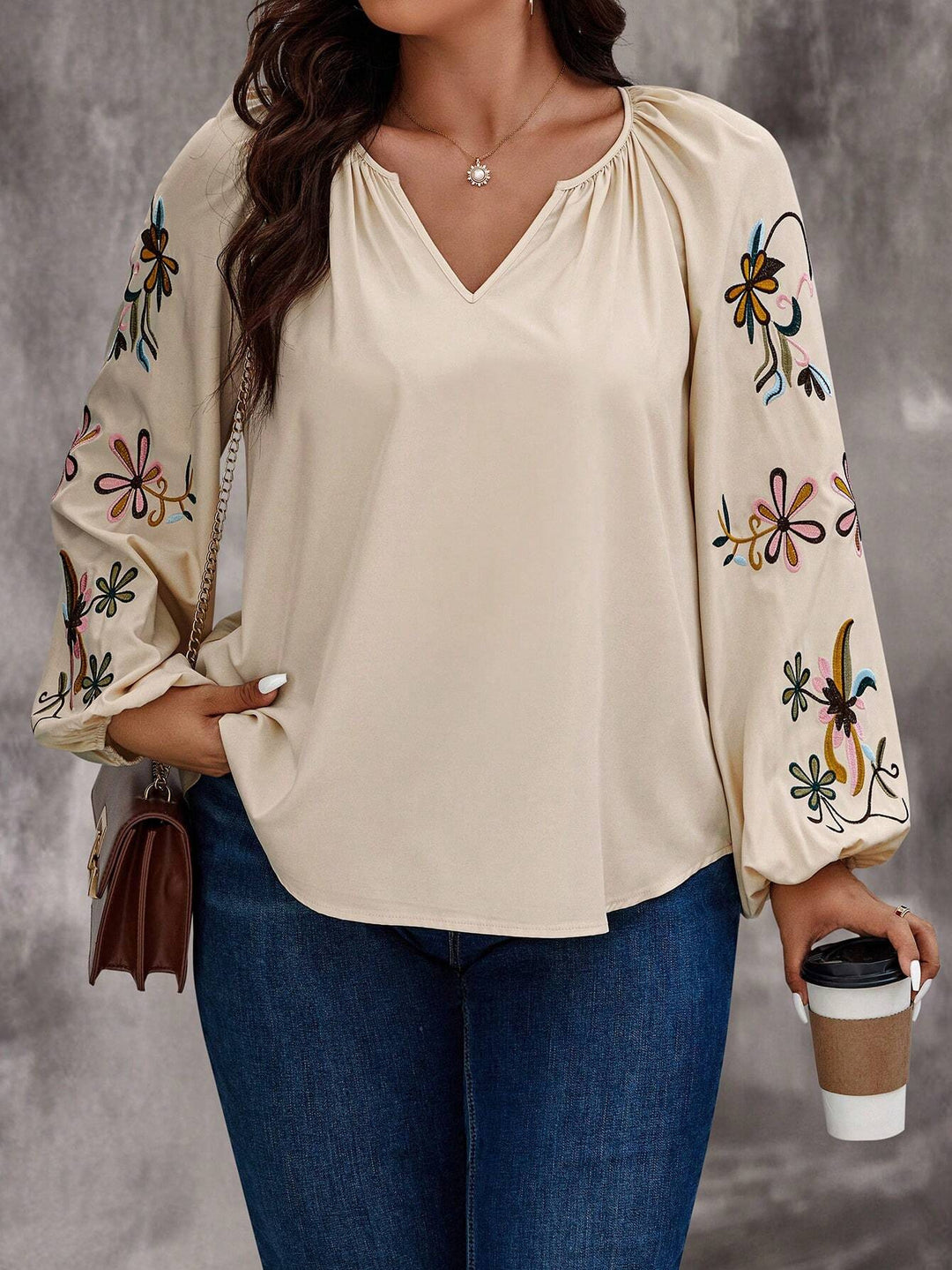 Damen Locker sitzende V-Ausschnitt Bluse mit floraler Stickerei an Ballonärmeln Shop Nory