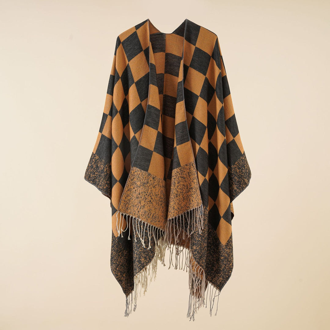 Damen Oversized gewebter Poncho mit Rautenmuster und Fransen Shop Nory