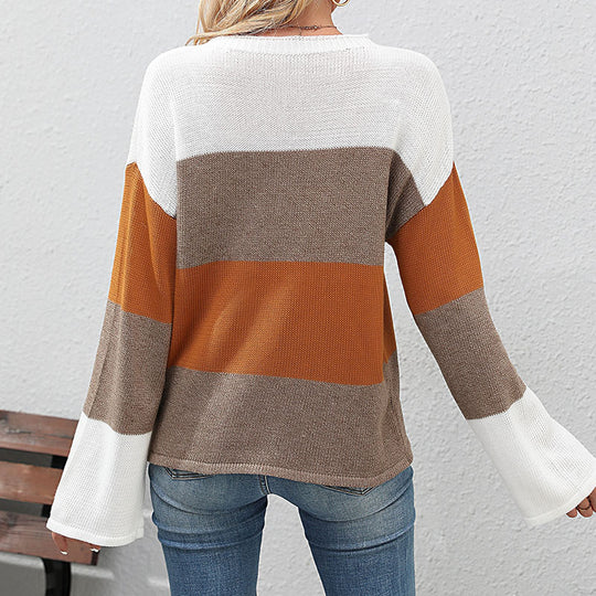 Damen Oversize Farbblock Strickpullover mit Rundhalsausschnitt und langen Ärmeln Shop Nory