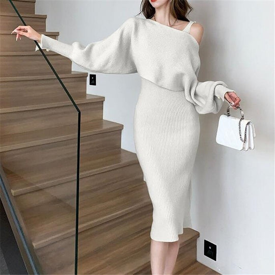 Damen Elegantes Strickkleid mit V-Ausschnitt und passendem Cardigan Shop Nory