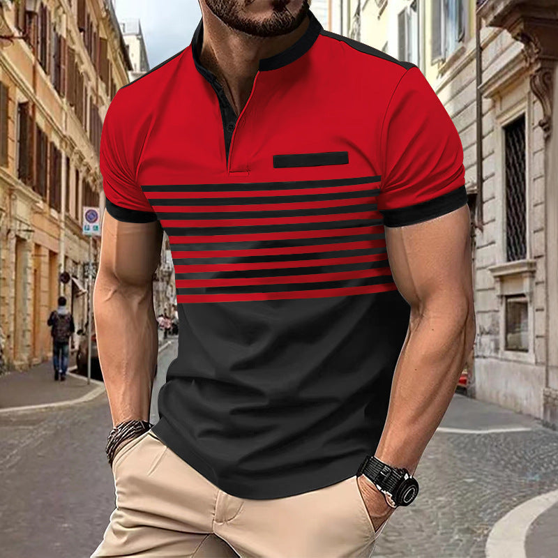 Herren nan kurzärmeliges Streifen-Kurzarmshirt mit Knopfleiste, Stehkragen und Brustpaspel Shopnory