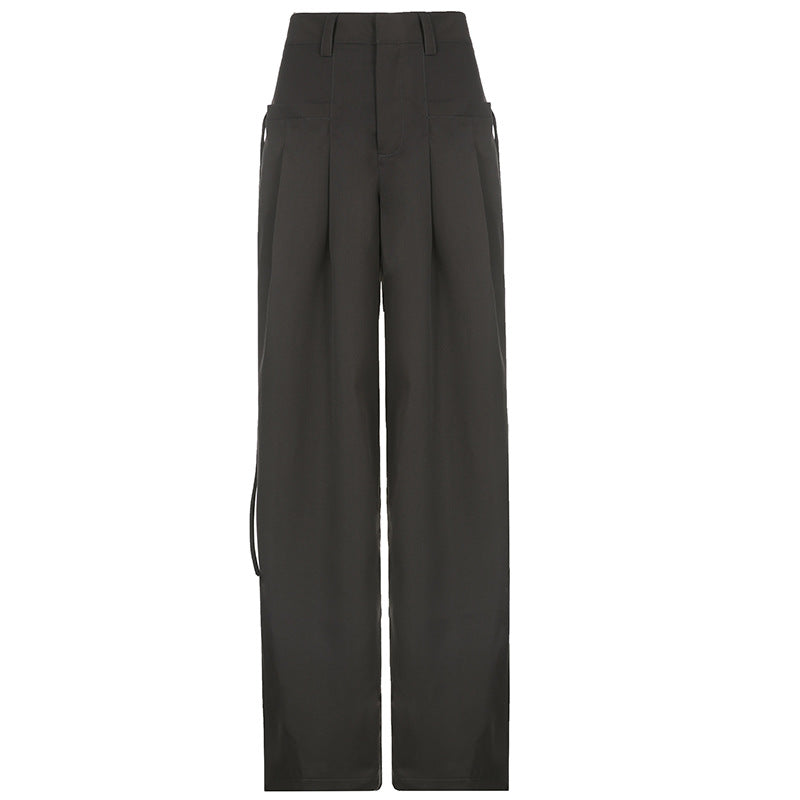 Damen nan hochtaillierte weite Bundfaltenhose mit Cargo‑Details, Gürtelschlaufen und geradem Beinschnitt Shop Nory