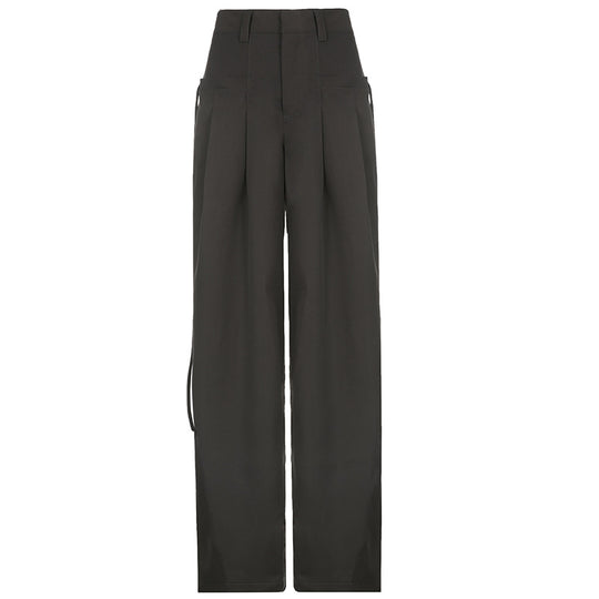Damen nan hochtaillierte weite Bundfaltenhose mit Cargo‑Details, Gürtelschlaufen und geradem Beinschnitt Shop Nory