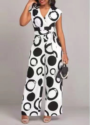 Damen Jumpsuit mit modernem Kreismuster und Taillengürtel