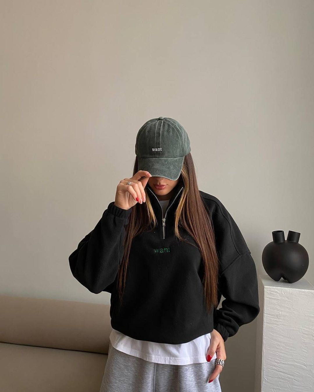 Damen Fleece-Halbzip-Sweatshirt oversized mit Stehkragen, Kängurutasche-Optik und elastischen Bündchen Shop Nory