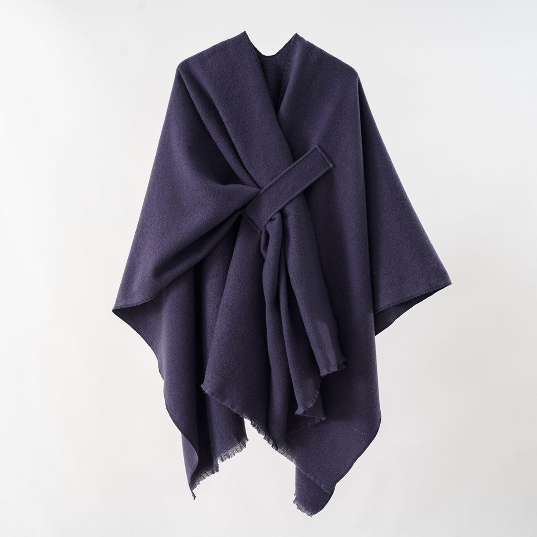 Damen leichter Wollmix-Überwurf mit Fransen und Bindegürtel Shop Nory