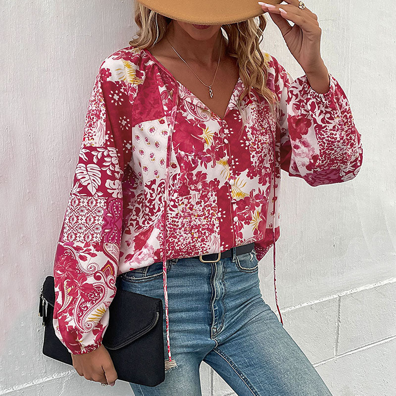 Damen Patchwork-Bluse mit V-Ausschnitt, BindShop Noryändern und Ballonärmeln Shop Nory