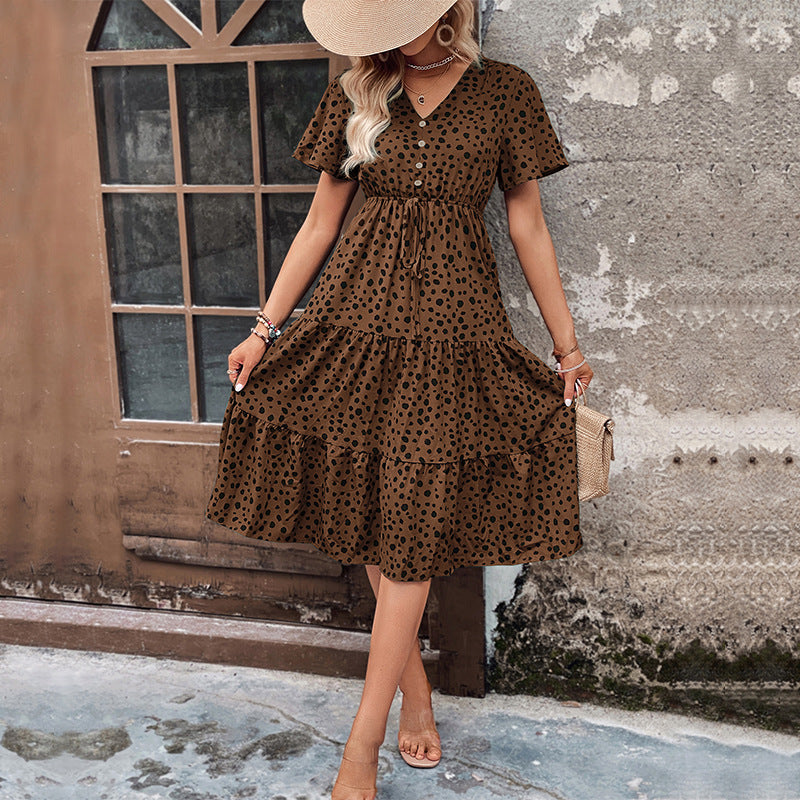Damen Midi-Kleid mit Puffärmeln und modischem Punktmuster Shopnory