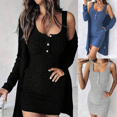 Damen Geripptes Twinset aus figurbetontem Träger-Strickkleid und Offenem Longcardigan Shop Nory