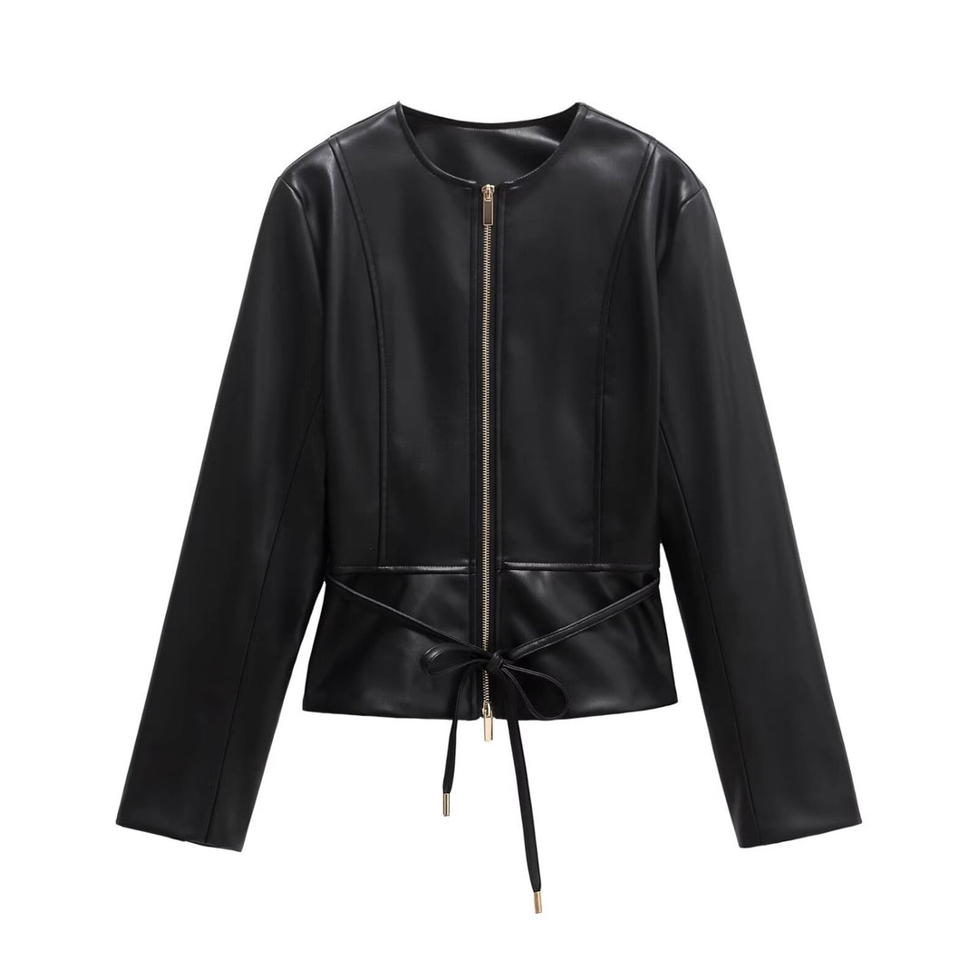 Damen Kollierlose Kunstlederjacke mit Reißverschluss und Taillenband Shop Nory