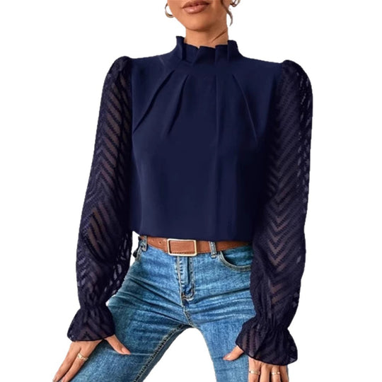 Damen Elegante Chiffonbluse mit Stehkragen, Faltenkante und transparenten Jacquard-Ärmeln Shop Nory