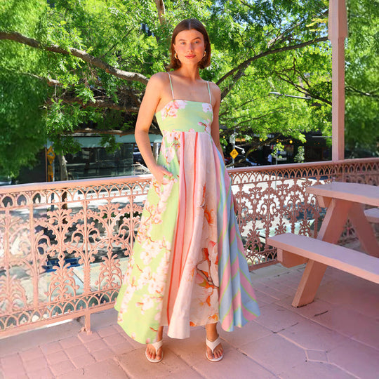 Damen Maxikleid mit floralem und gestreiftem Design