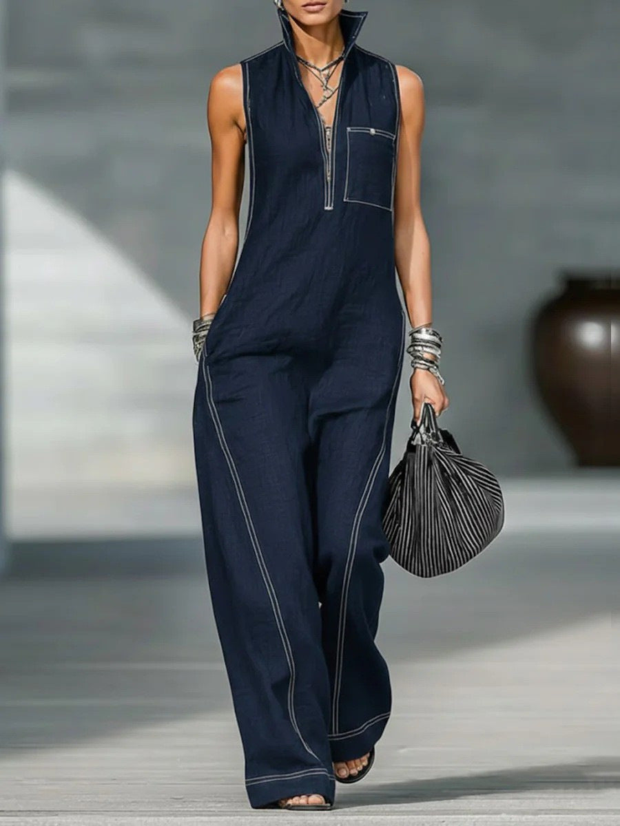 Damen Utility-Jumpsuit mit hochgeschlossenem Kragen und tiefem Reißverschluss Shopnory