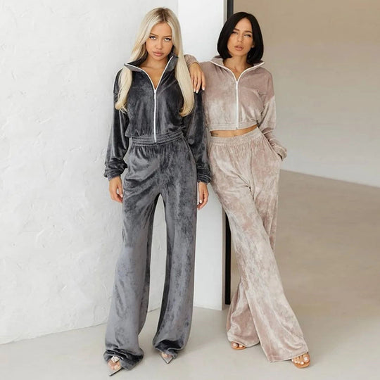 Damen luxuriöses Velours Lounge-Set mit kurzem Reißverschlussjacke und hochtaillierter Gummibund-Jogger Shop Nory