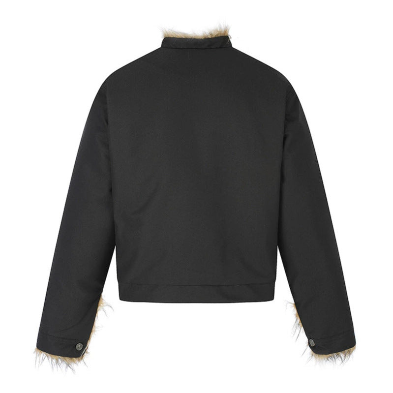 Damen Kurzjacke mit Kunstfellfutter, Stehkragen und verdeckter Knopfleiste Shop Nory